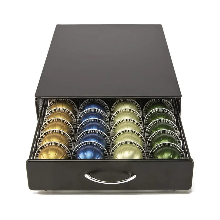 Black coffee capsule storage drawer with silver handle, 40x29x8.5cm, on a cafe countertop