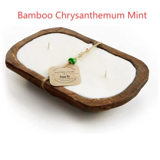 Retro lavender coloured wooden basin containing a soy wax aromatherapy candle with three wicks.
