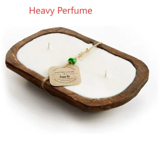 Retro lavender coloured wooden basin containing a soy wax aromatherapy candle with three wicks.