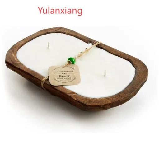 Retro lavender coloured wooden basin containing a soy wax aromatherapy candle with three wicks.
