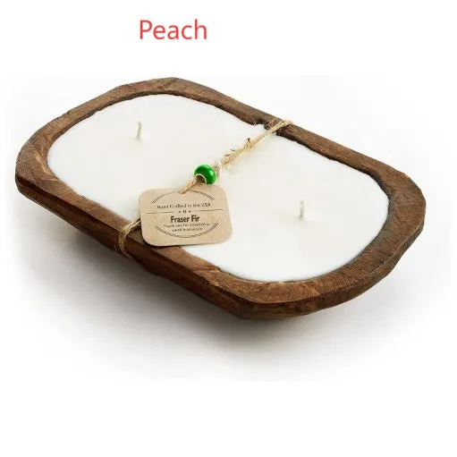 Retro lavender coloured wooden basin containing a soy wax aromatherapy candle with three wicks.