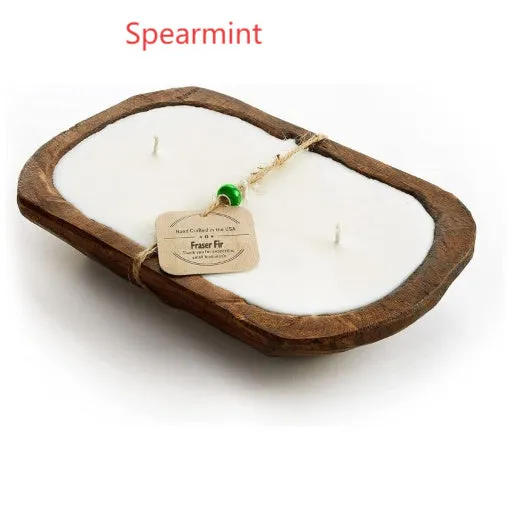Retro lavender coloured wooden basin containing a soy wax aromatherapy candle with three wicks.