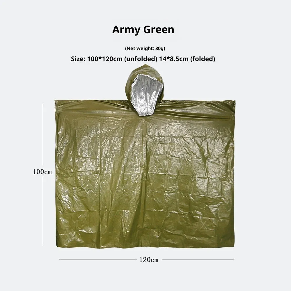 Waterproof military hooded raincoat in orange and army green, 100x120cm, for outdoor survival use