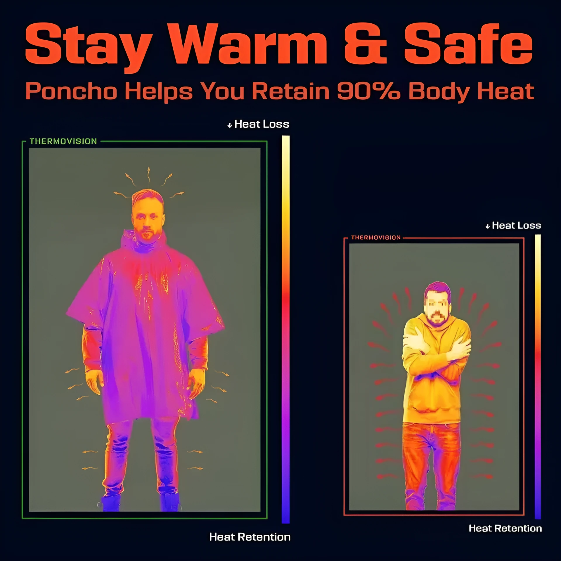 Waterproof military hooded raincoat in orange and army green, 100x120cm, for outdoor survival use