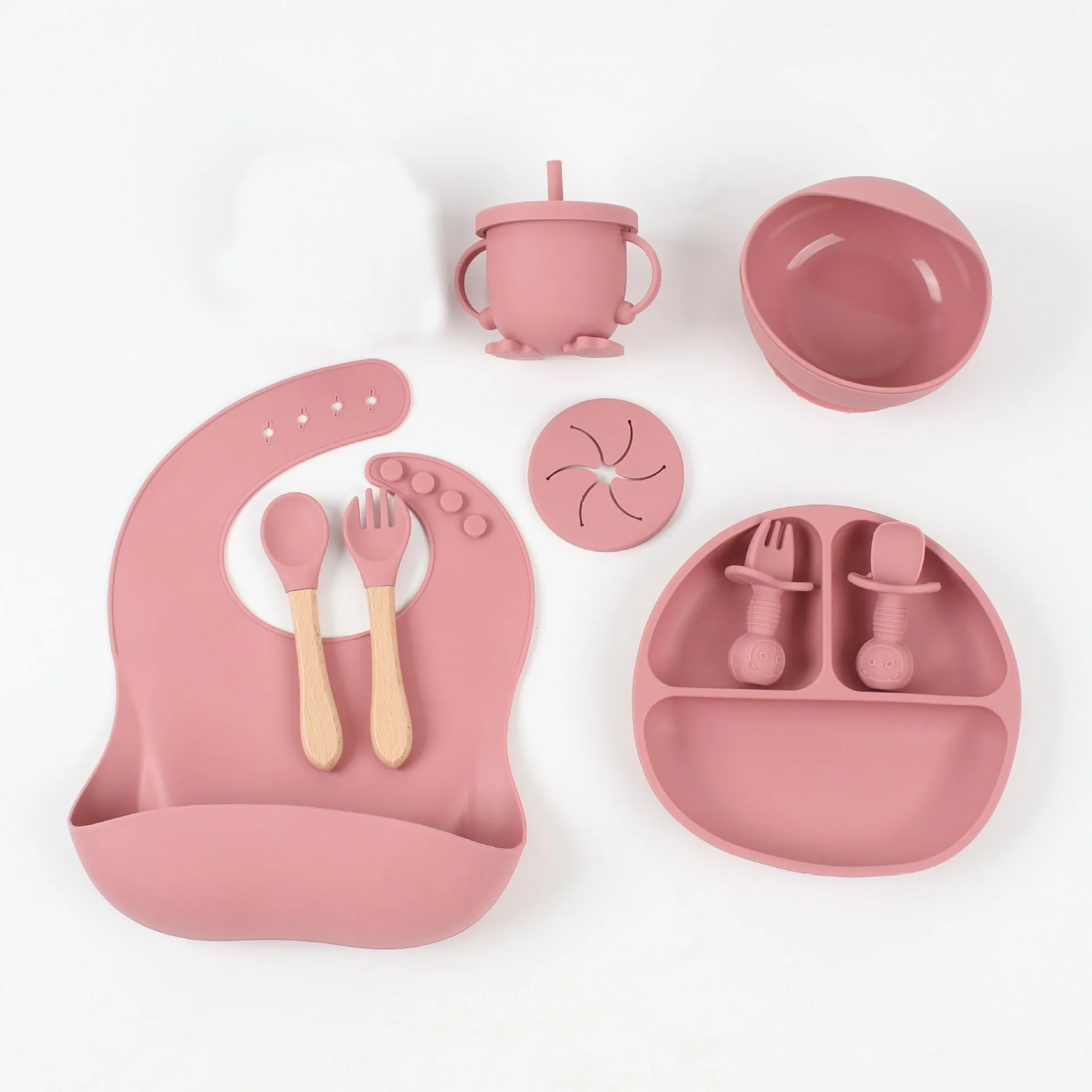 Silicone baby food snack catcher bib tableware set in nine colours including dark pink, light blue, army green, beige, and purple