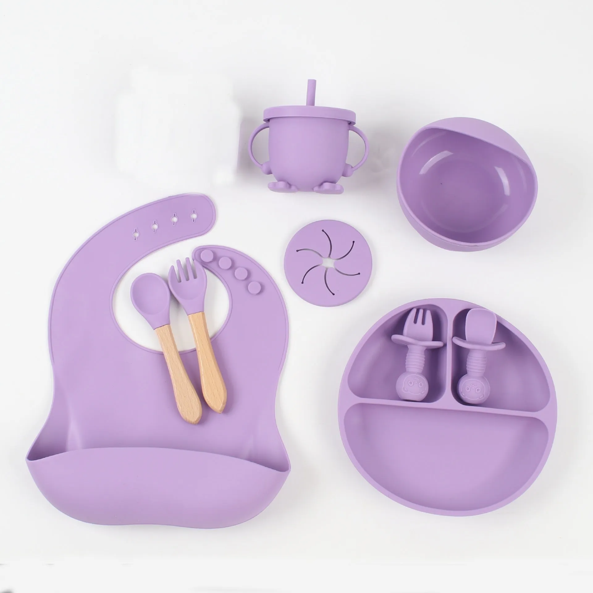 Silicone baby food snack catcher bib tableware set in nine colours including dark pink, light blue, army green, beige, and purple