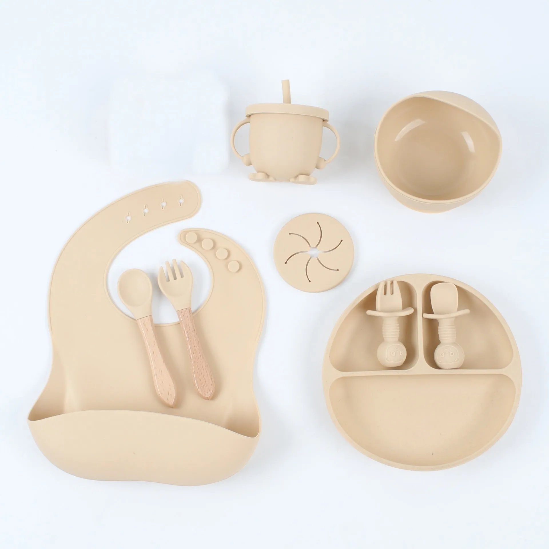 Silicone baby food snack catcher bib tableware set in nine colours including dark pink, light blue, army green, beige, and purple