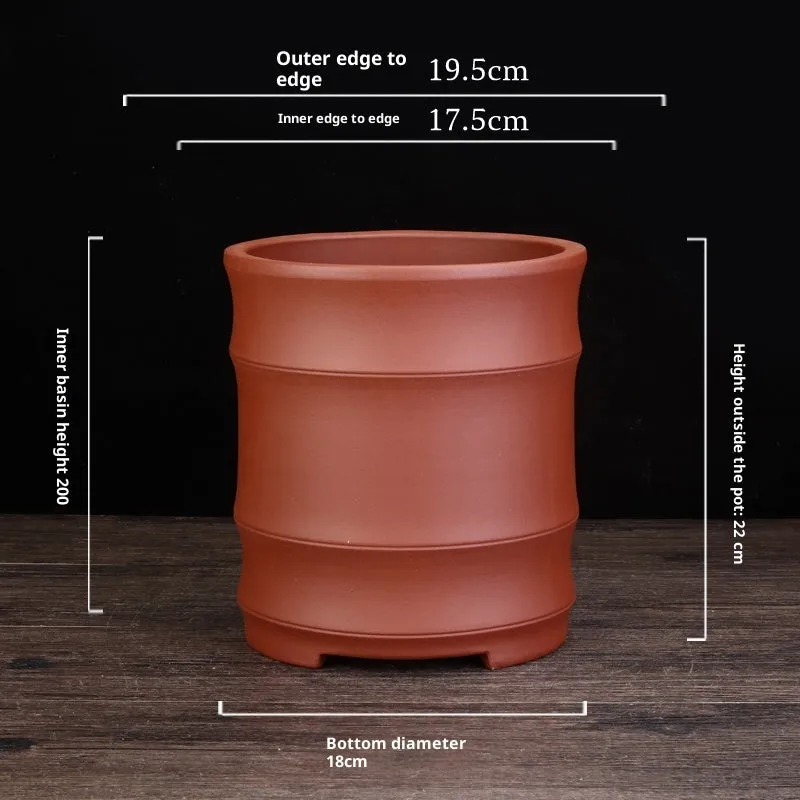 Fine Zisha large diameter bamboo joint flowerpot in classical purple sand with 19.9cm caliber and 22cm height