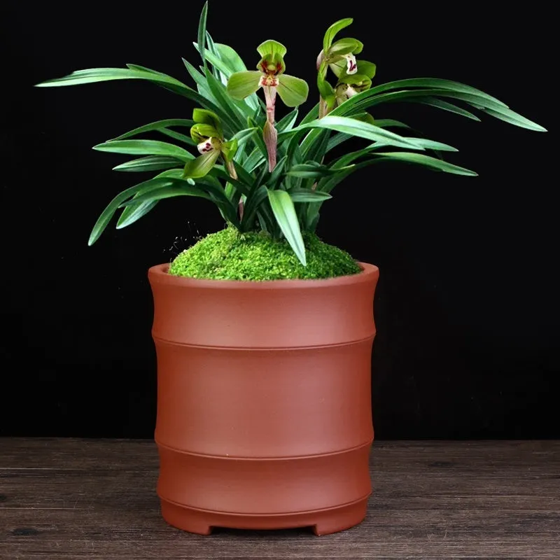 Fine Zisha large diameter bamboo joint flowerpot in classical purple sand with 19.9cm caliber and 22cm height