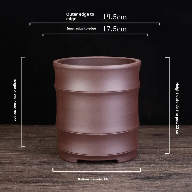 Fine Zisha large diameter bamboo joint flowerpot in classical purple sand with 19.9cm caliber and 22cm height