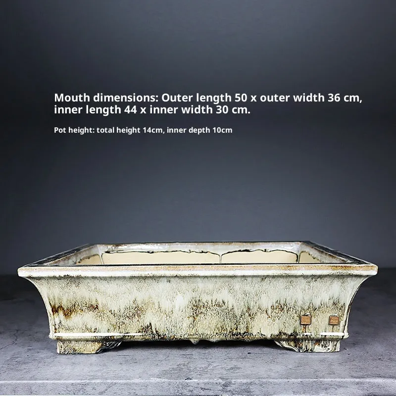 Glazed ceramic rectangular flower pot with old tree pile texture, classical style, available in dark or light jun glaze
