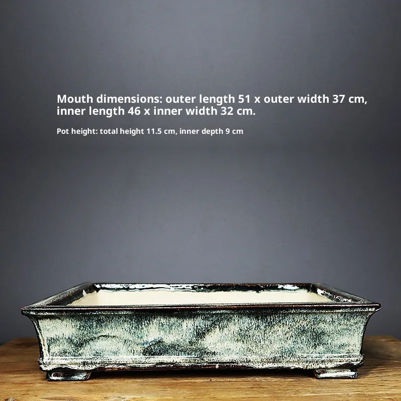 Glazed ceramic rectangular flower pot with old tree pile texture, classical style, available in dark or light jun glaze
