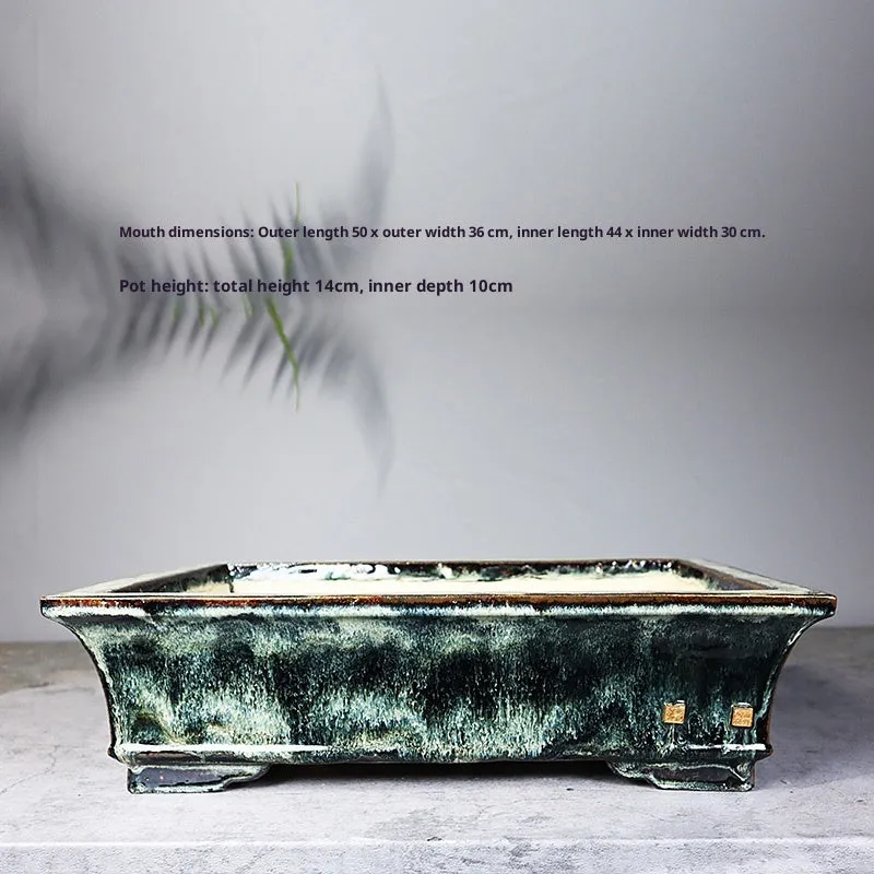 Glazed ceramic rectangular flower pot with old tree pile texture, classical style, available in dark or light jun glaze