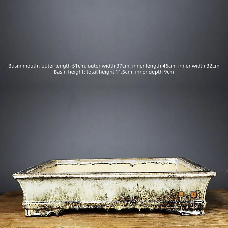 Glazed ceramic rectangular flower pot with old tree pile texture, classical style, available in dark or light jun glaze