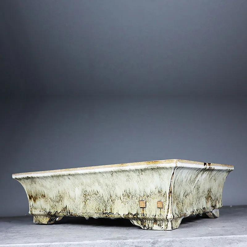 Glazed ceramic rectangular flower pot with old tree pile texture, classical style, available in dark or light jun glaze