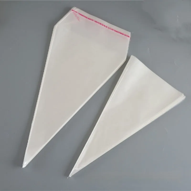 Clear triangular OPP plastic packaging bag showing the integrated tie wire closure at the top.