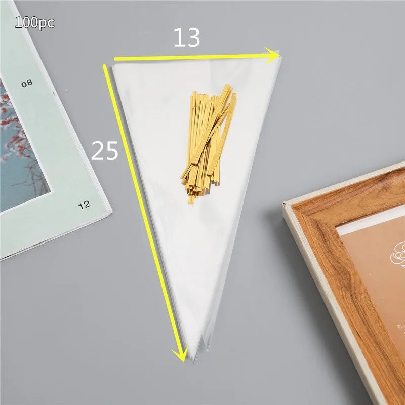 Clear triangular OPP plastic packaging bag showing the integrated tie wire closure at the top.