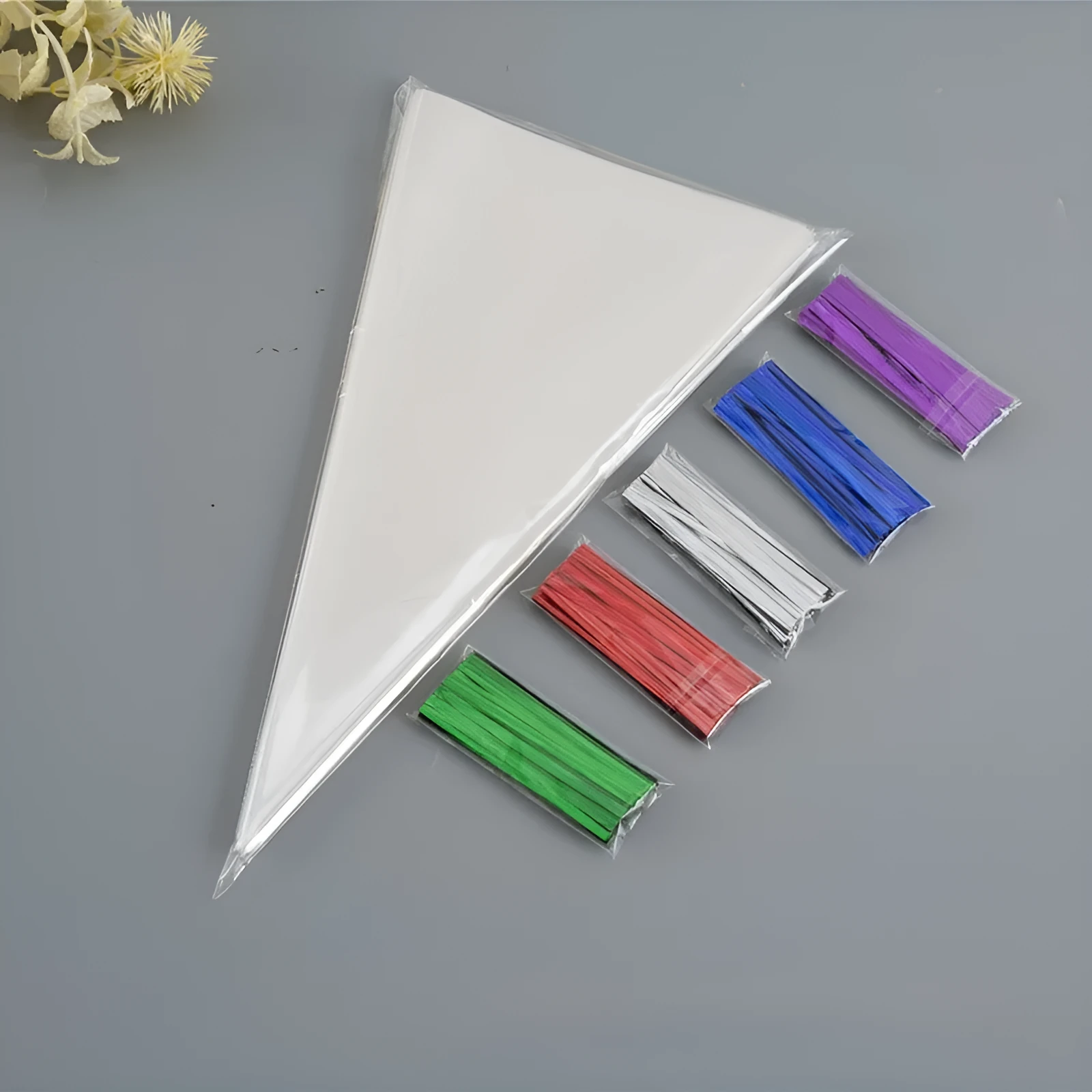 Clear triangular OPP plastic packaging bag showing the integrated tie wire closure at the top.