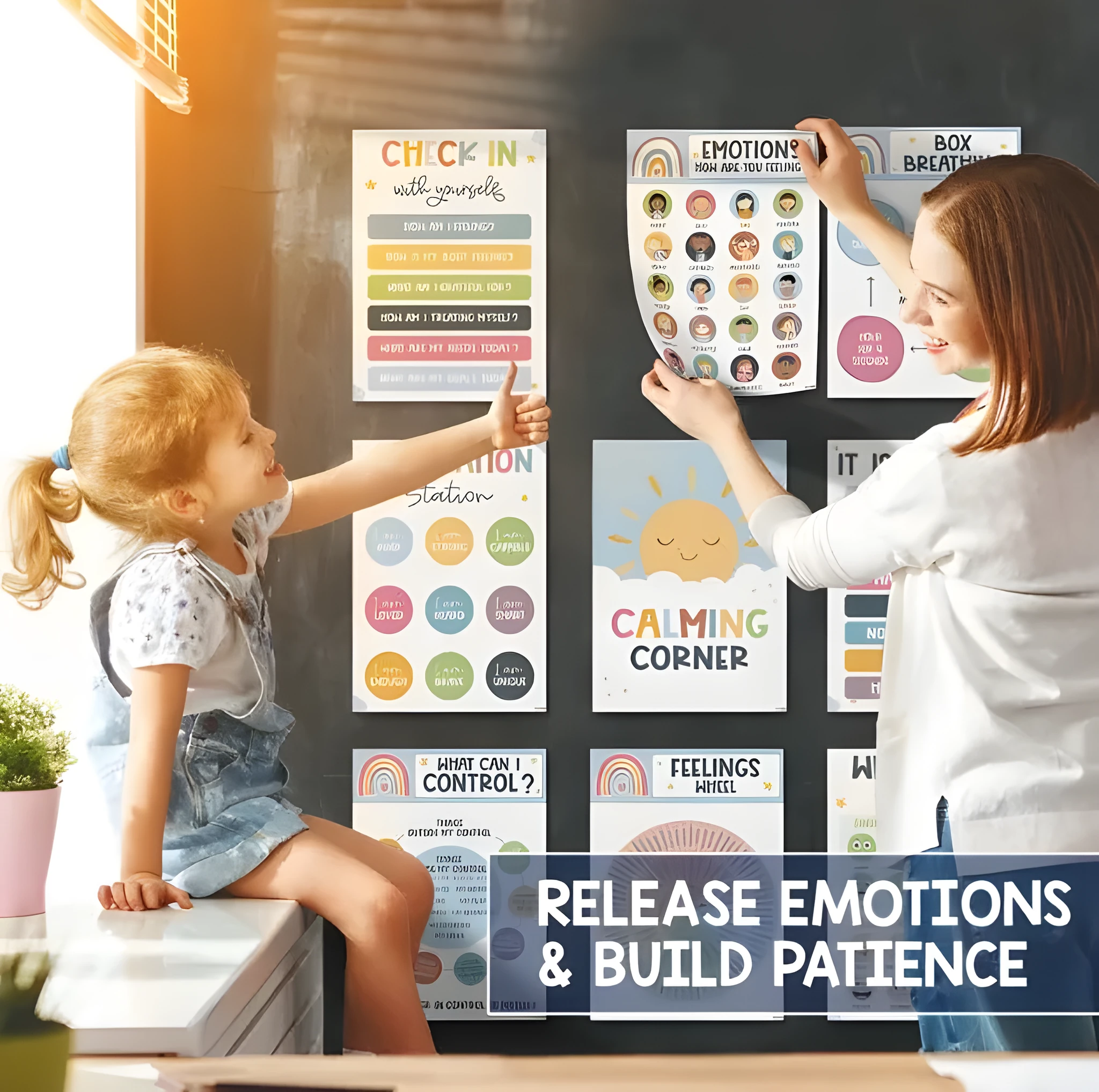 Set of 12 calm corner posters with puzzle-style design for classroom wall decoration