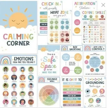 Set of 12 calm corner posters with puzzle-style design for classroom wall decoration