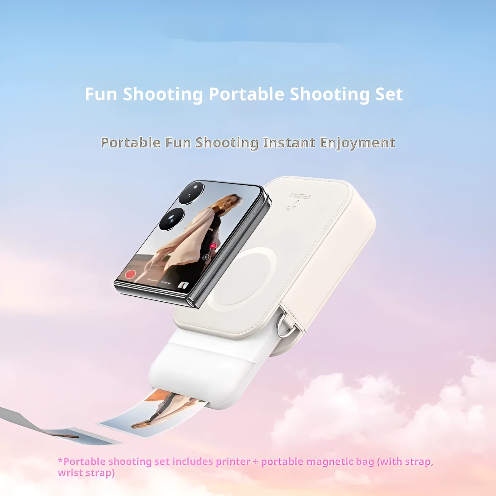 Pocket photo printer in plastic casing with carry-on bag and photo paper on table