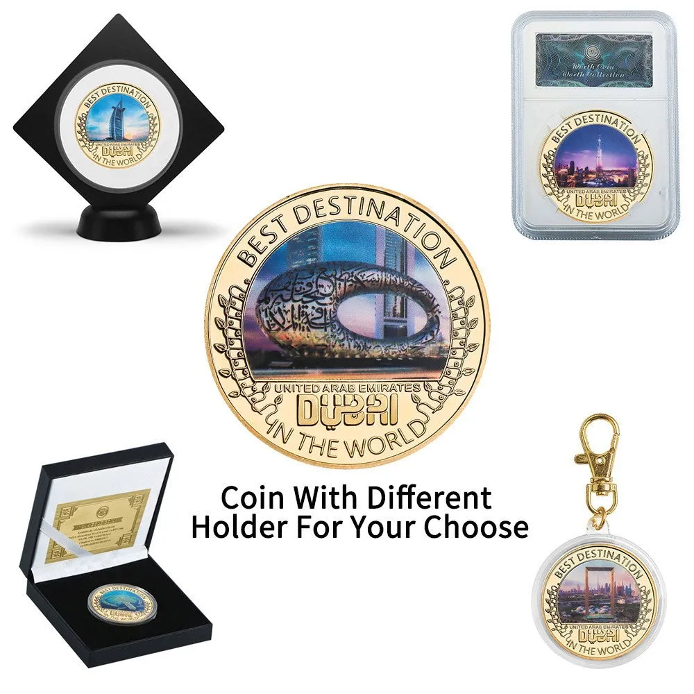Five iron commemorative coins with Dubai building designs in a gift box