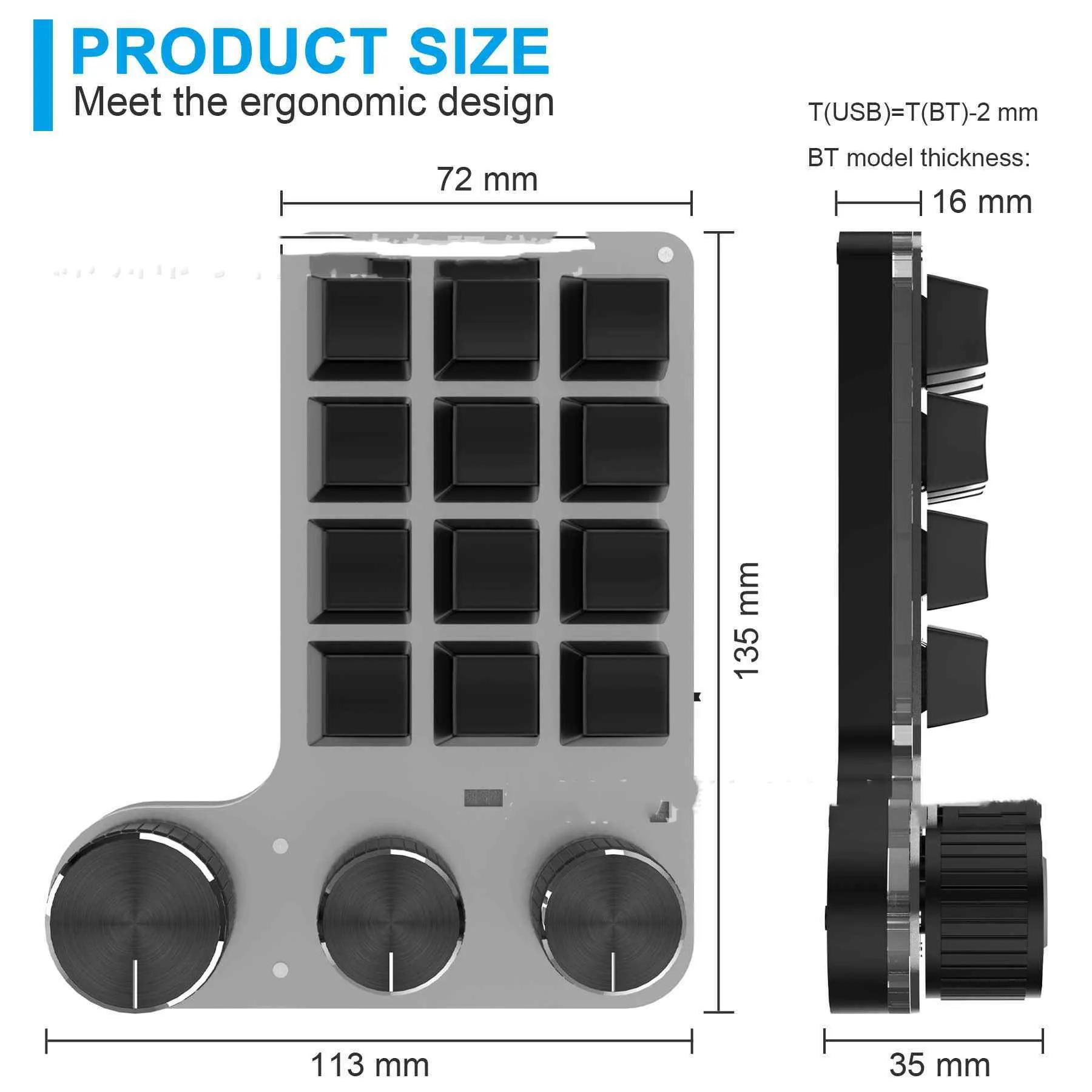 Bluetooth custom shortcut keyboard with 12 keys and 3 knobs, RGB lighting, black colour, placed on a desk