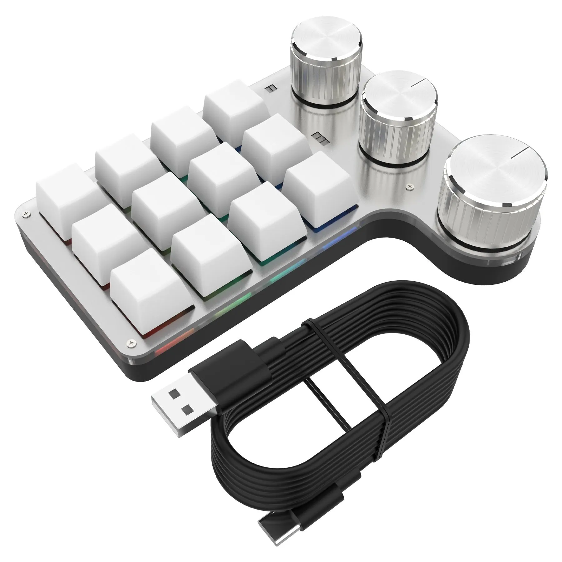 Bluetooth custom shortcut keyboard with 12 keys and 3 knobs, RGB lighting, black colour, placed on a desk