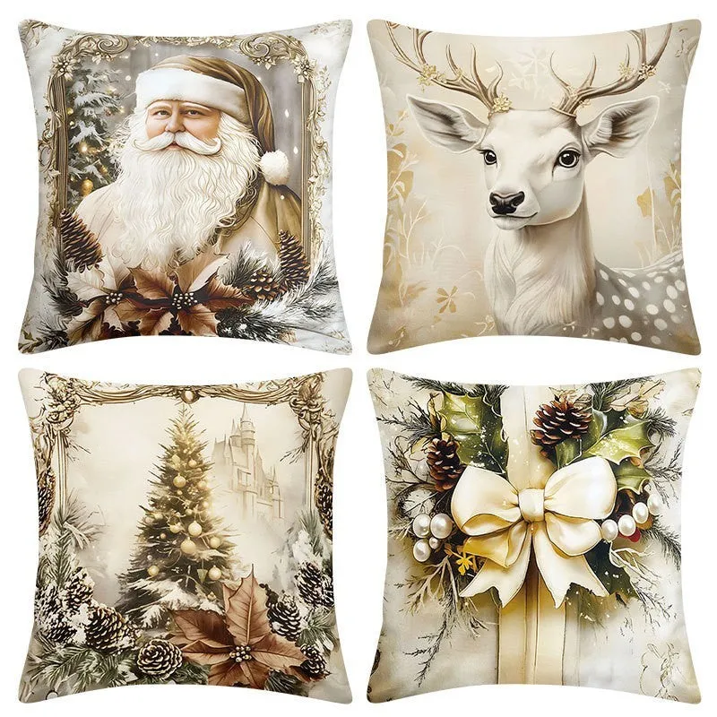 Christmas linen cushion cover with cartoon elk and rabbit pattern in modern simplicity style, 45x45cm