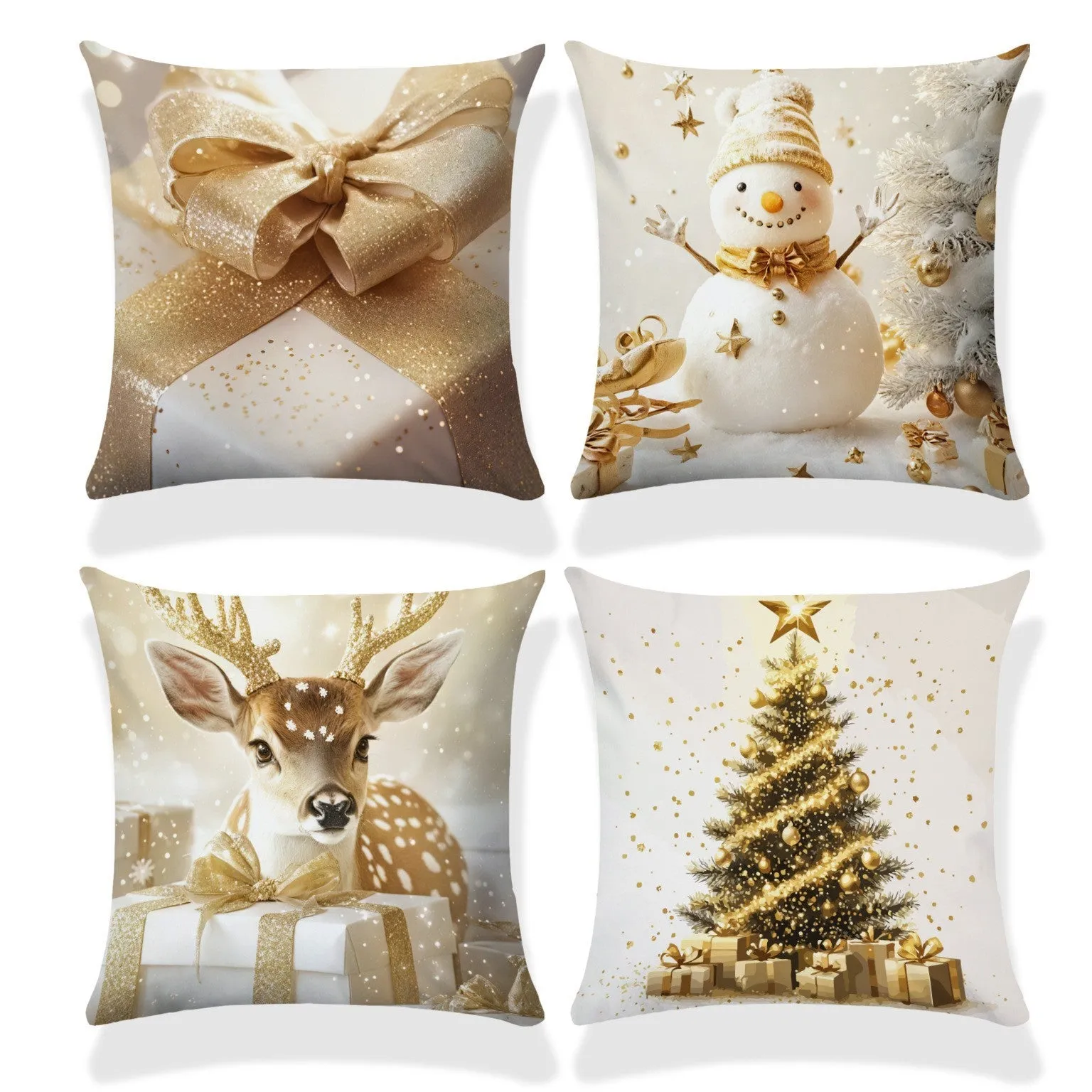 Christmas linen cushion cover with cartoon elk and rabbit pattern in modern simplicity style, 45x45cm