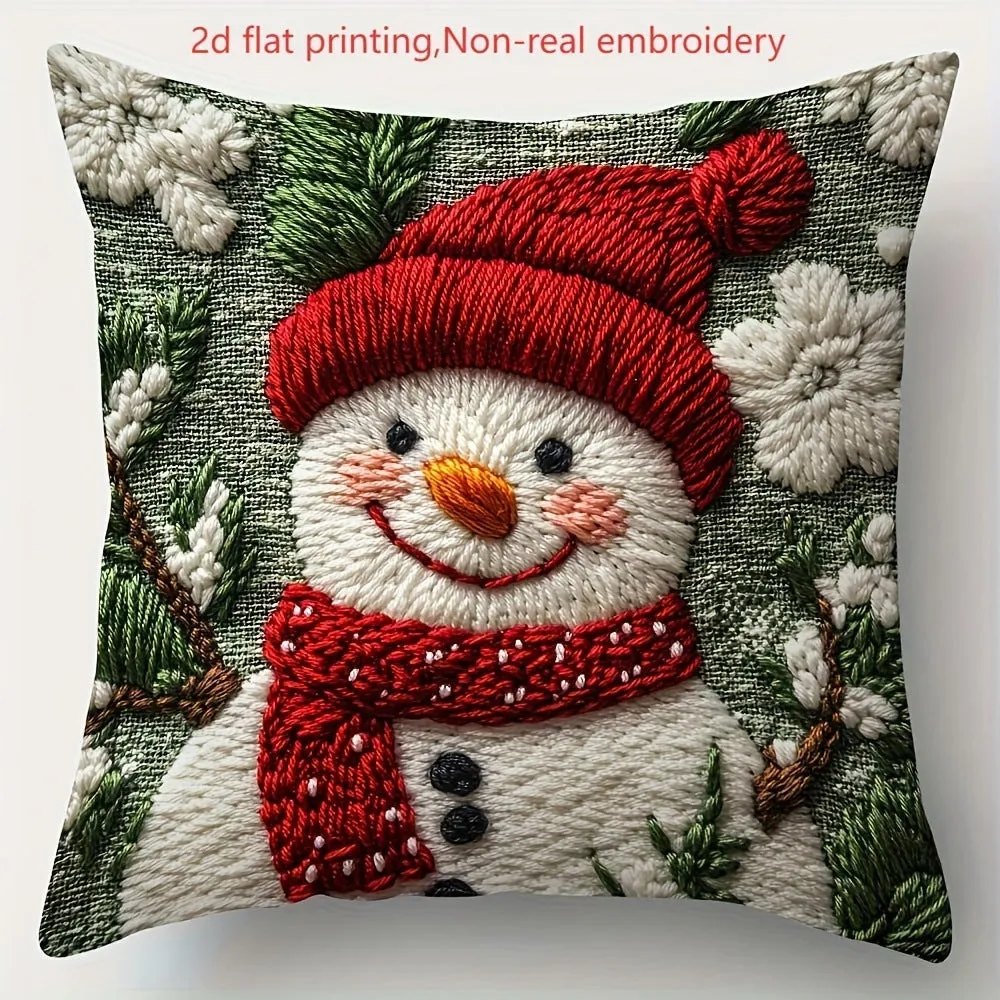 Christmas linen cushion cover with cartoon elk and rabbit pattern in modern simplicity style, 45x45cm