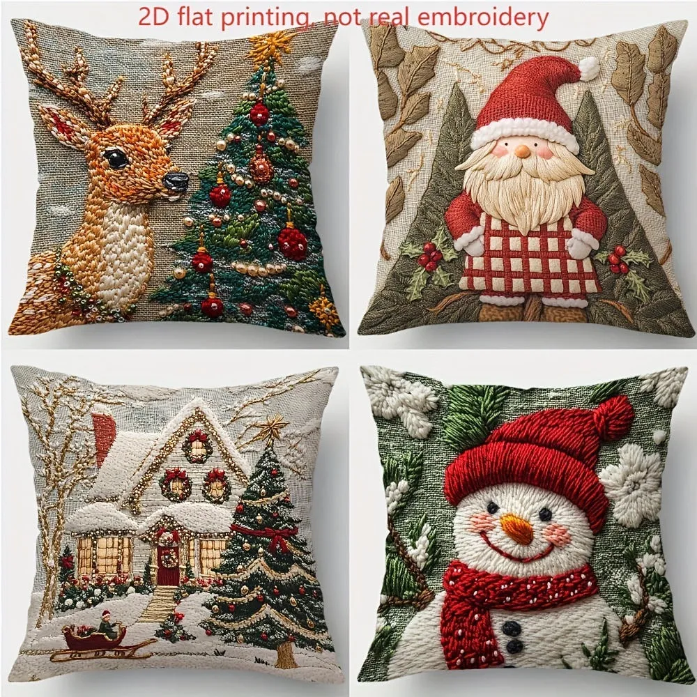 Christmas linen cushion cover with cartoon elk and rabbit pattern in modern simplicity style, 45x45cm