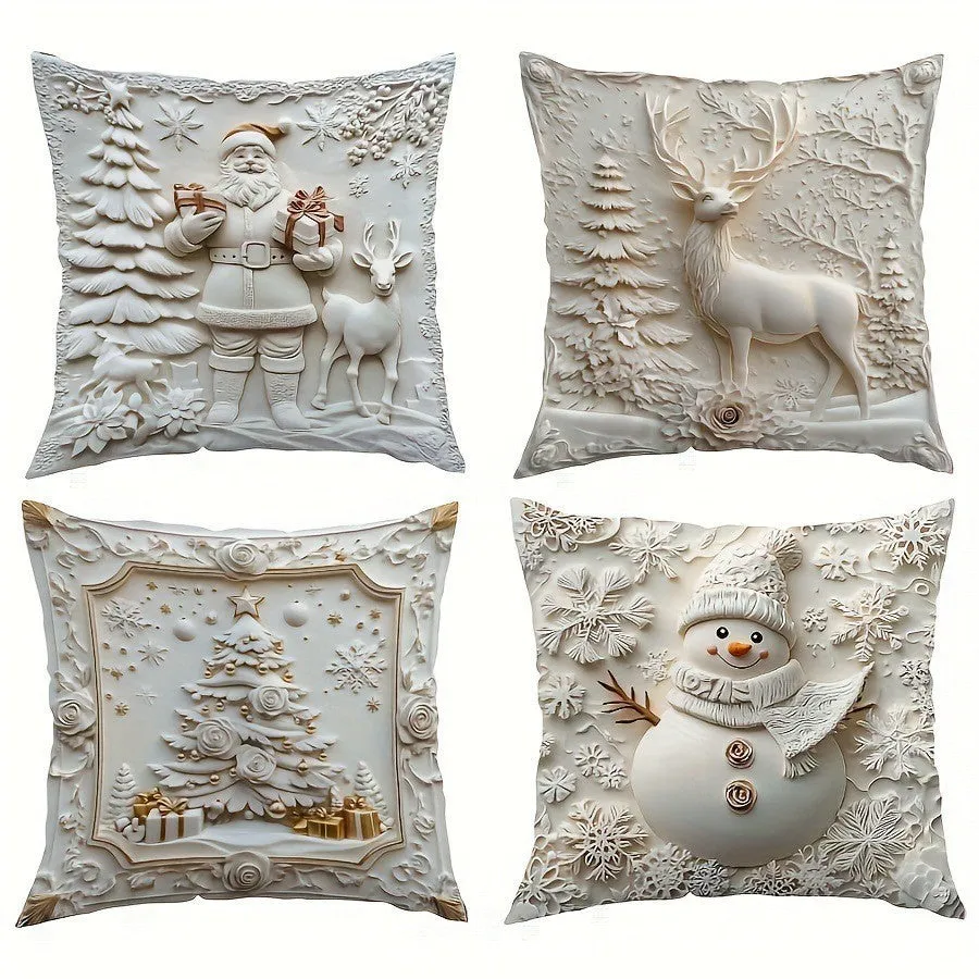 Christmas linen cushion cover with cartoon elk and rabbit pattern in modern simplicity style, 45x45cm