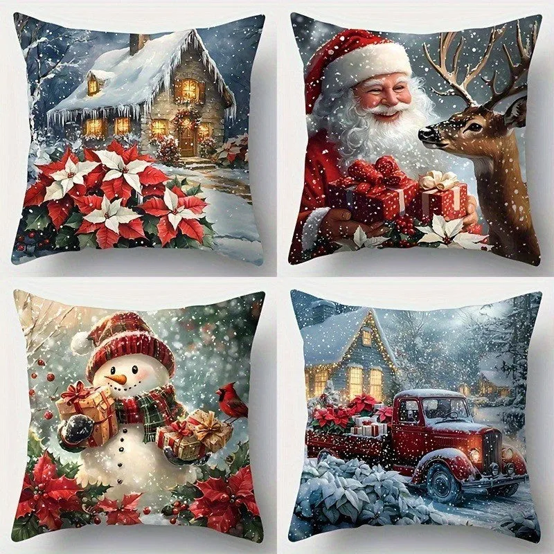 Christmas linen cushion cover with cartoon elk and rabbit pattern in modern simplicity style, 45x45cm
