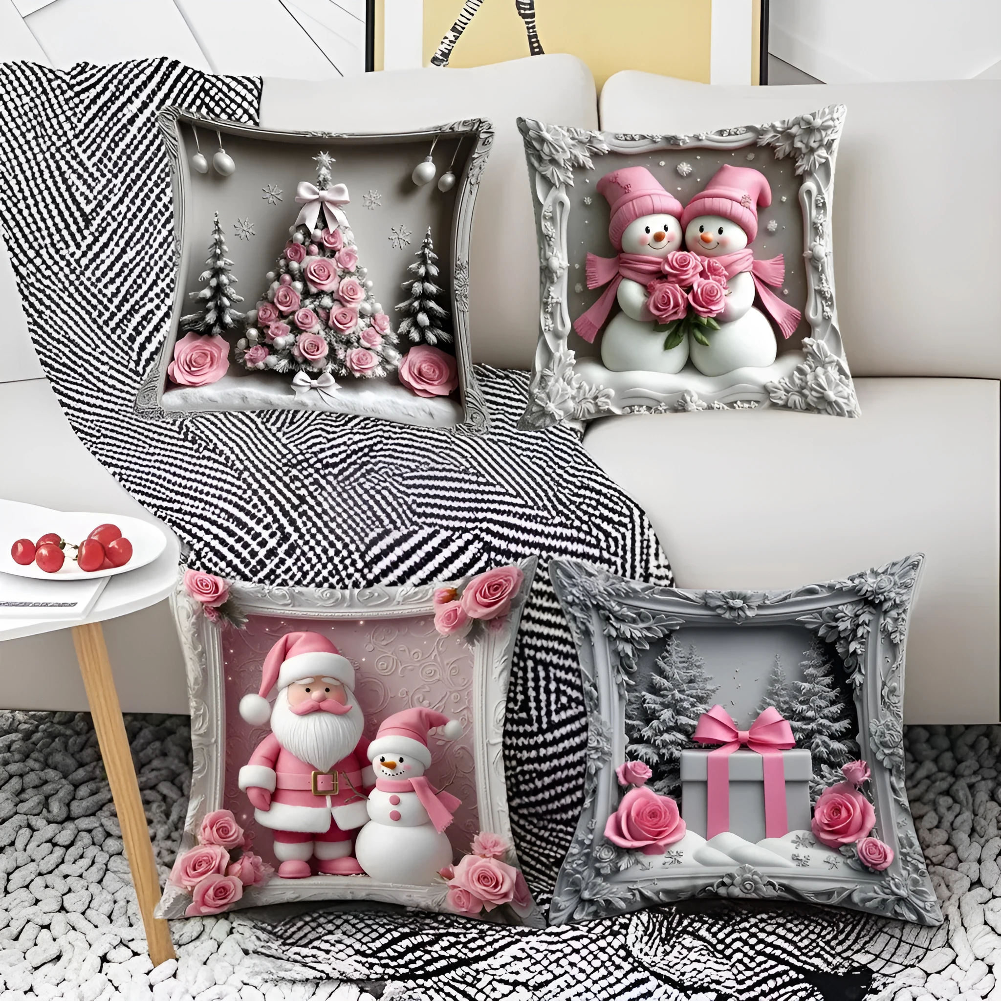 Christmas linen cushion cover with cartoon elk and rabbit pattern in modern simplicity style, 45x45cm