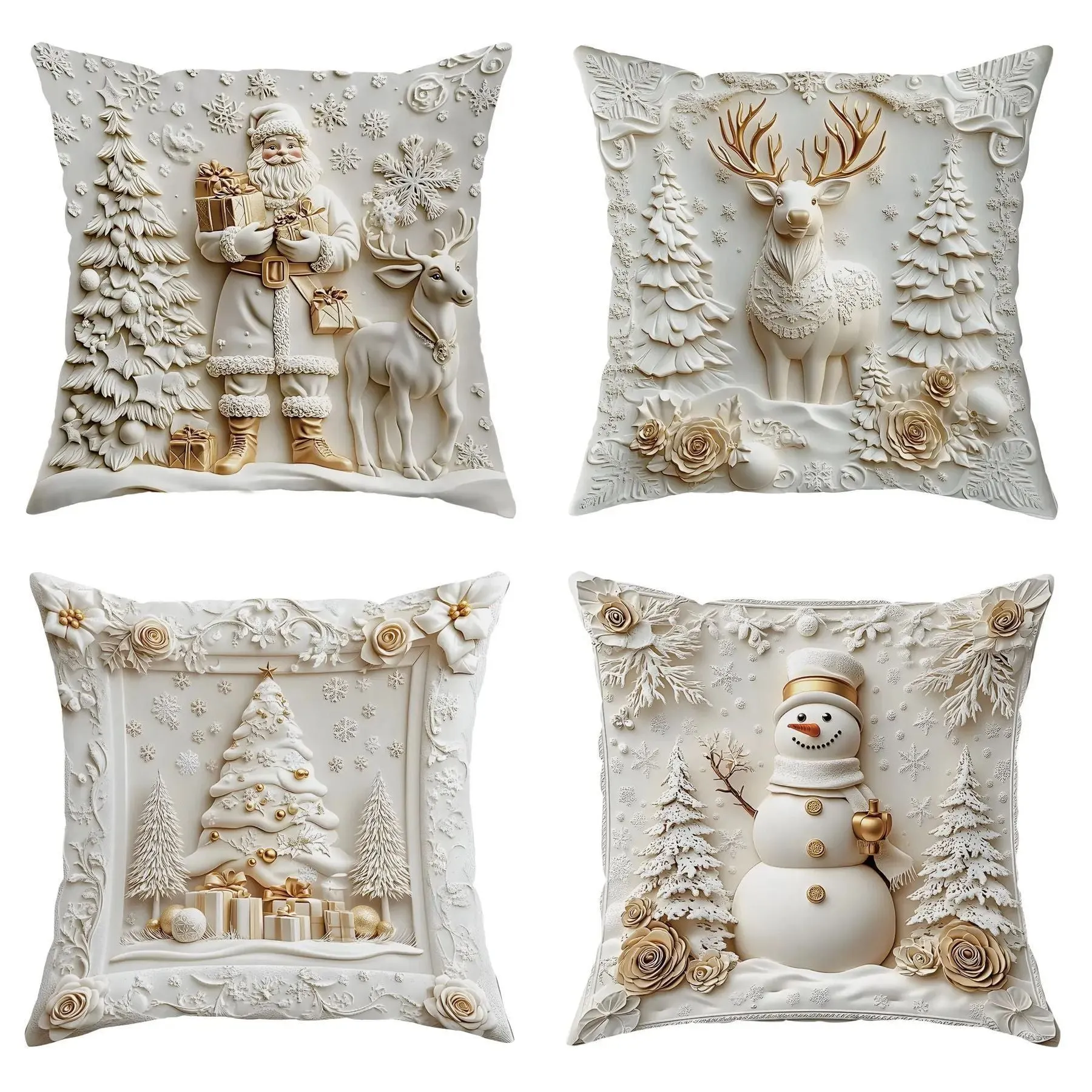 Christmas linen cushion cover with cartoon elk and rabbit pattern in modern simplicity style, 45x45cm