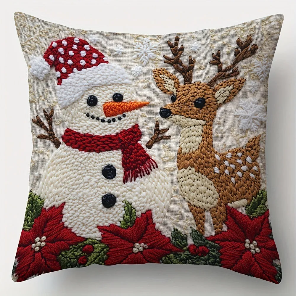 Christmas linen cushion cover with cartoon elk and rabbit pattern in modern simplicity style, 45x45cm