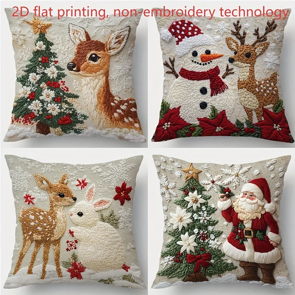 Christmas linen cushion cover with cartoon elk and rabbit pattern in modern simplicity style, 45x45cm