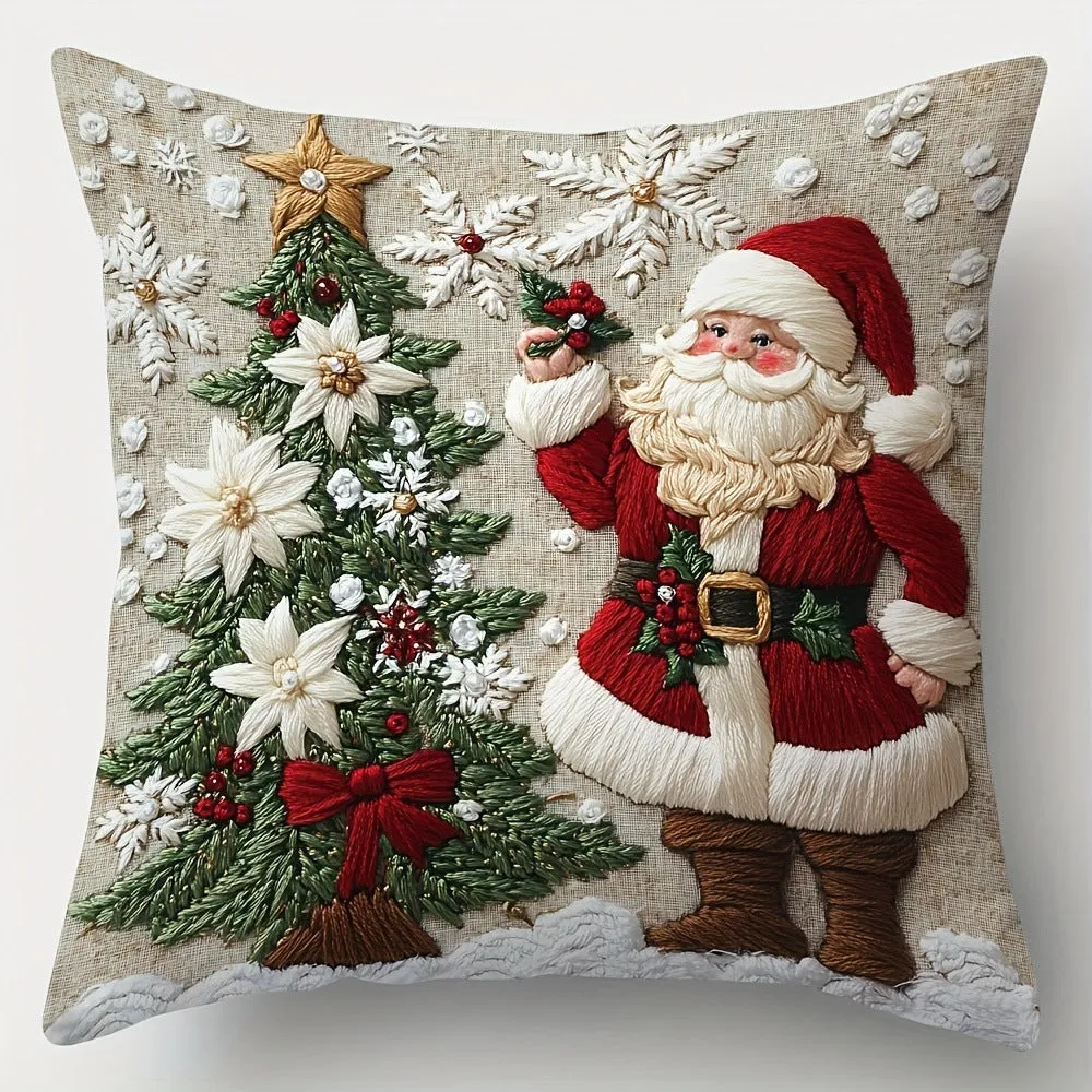 Christmas linen cushion cover with cartoon elk and rabbit pattern in modern simplicity style, 45x45cm