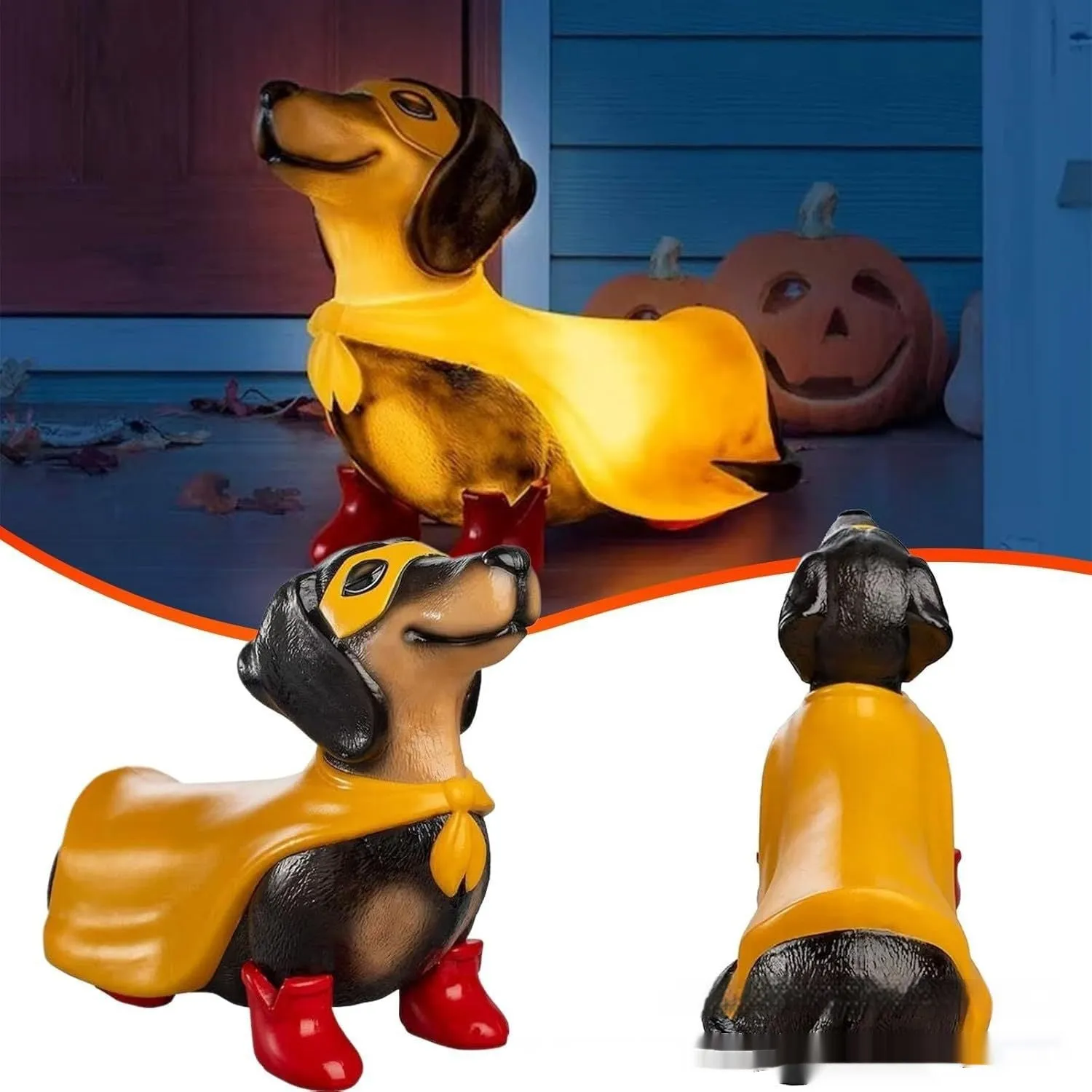Resin superhero dachshund LED ornament hero dog statue 23x11x17cm on display