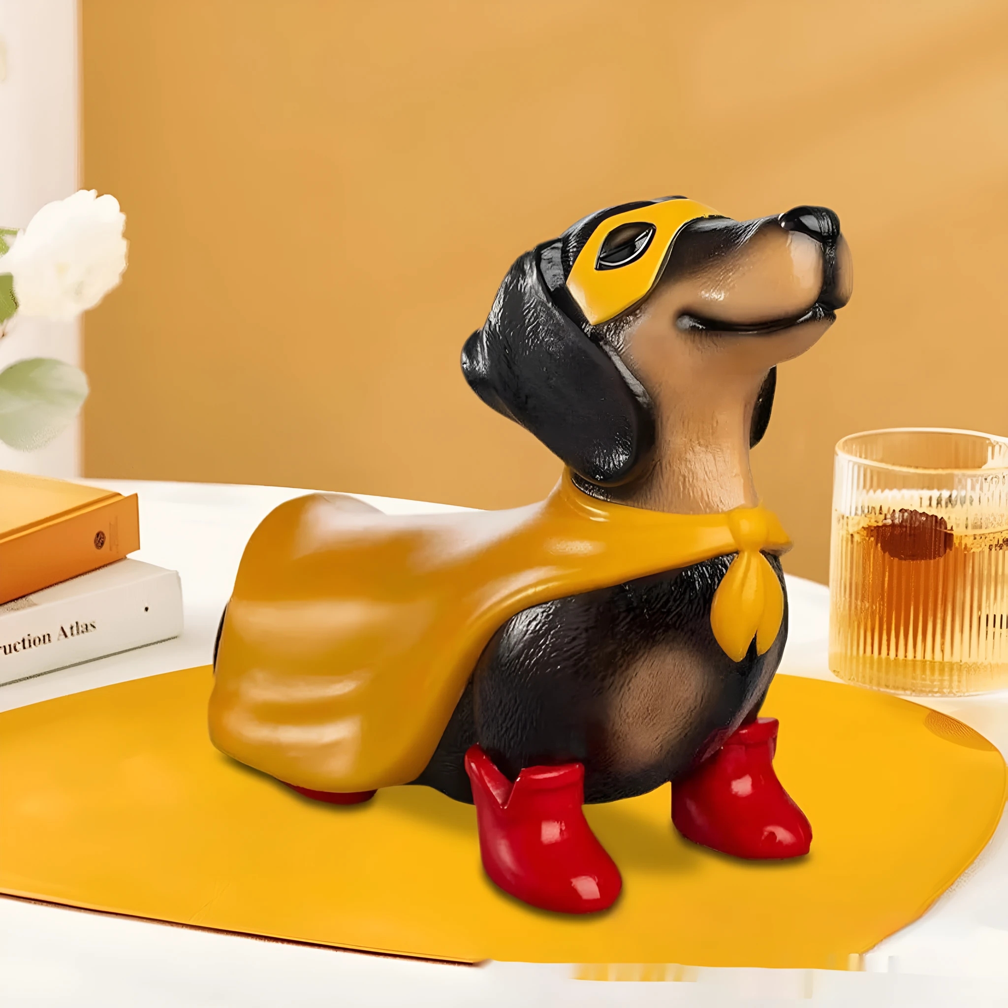 Resin superhero dachshund LED ornament hero dog statue 23x11x17cm on display