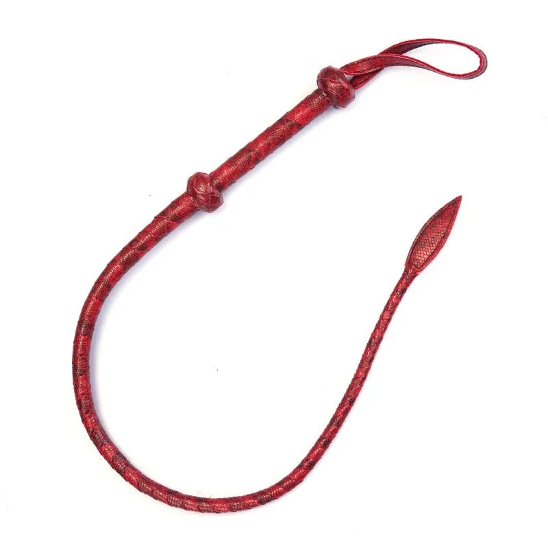 Red PU willow leaf whip BDSM training tool on black background