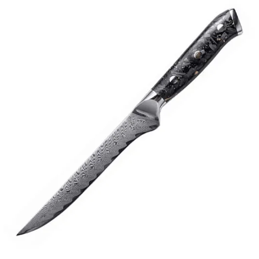Eight-piece Damascus steel kitchen knife set showing fishbone pattern, including chef, boning, utility, and fruit knives.