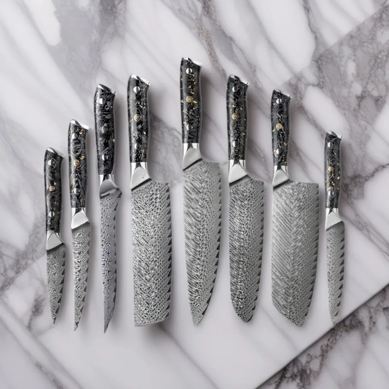Eight-piece Damascus steel kitchen knife set showing fishbone pattern, including chef, boning, utility, and fruit knives.