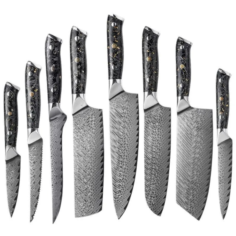 Eight-piece Damascus steel kitchen knife set showing fishbone pattern, including chef, boning, utility, and fruit knives.