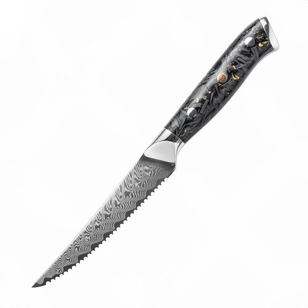 Eight-piece Damascus steel kitchen knife set showing fishbone pattern, including chef, boning, utility, and fruit knives.