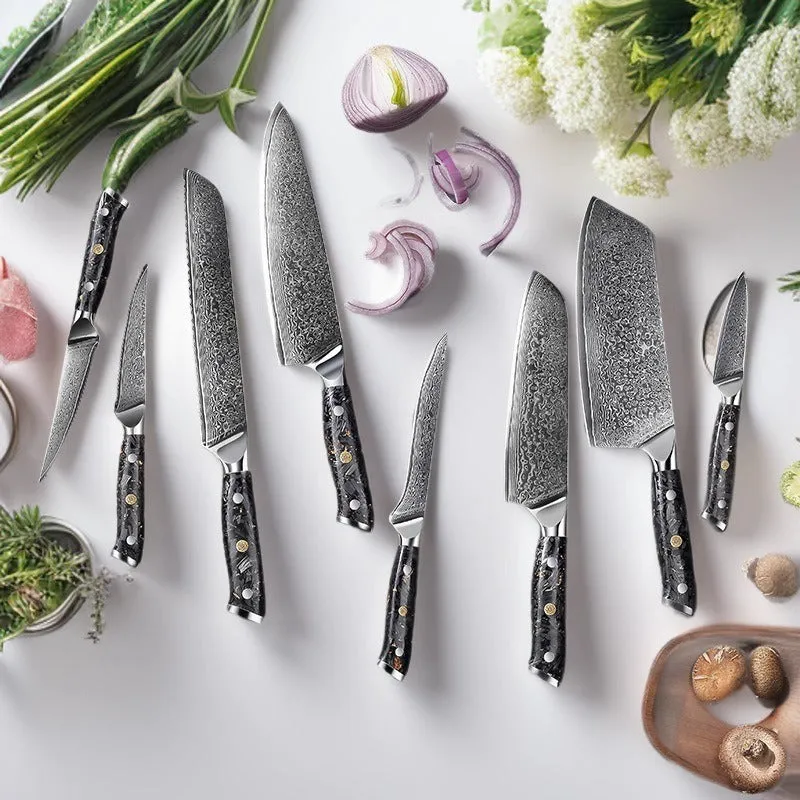 Eight-piece Damascus steel kitchen knife set showing fishbone pattern, including chef, boning, utility, and fruit knives.