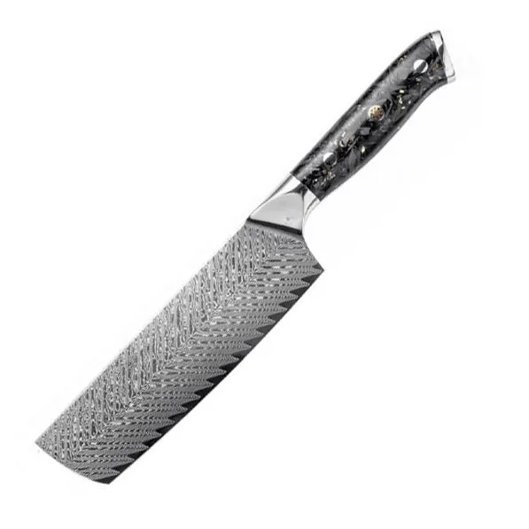 Eight-piece Damascus steel kitchen knife set showing fishbone pattern, including chef, boning, utility, and fruit knives.