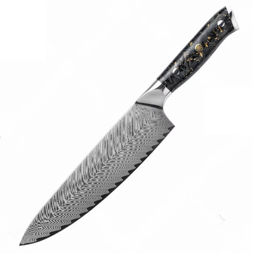 Eight-piece Damascus steel kitchen knife set showing fishbone pattern, including chef, boning, utility, and fruit knives.