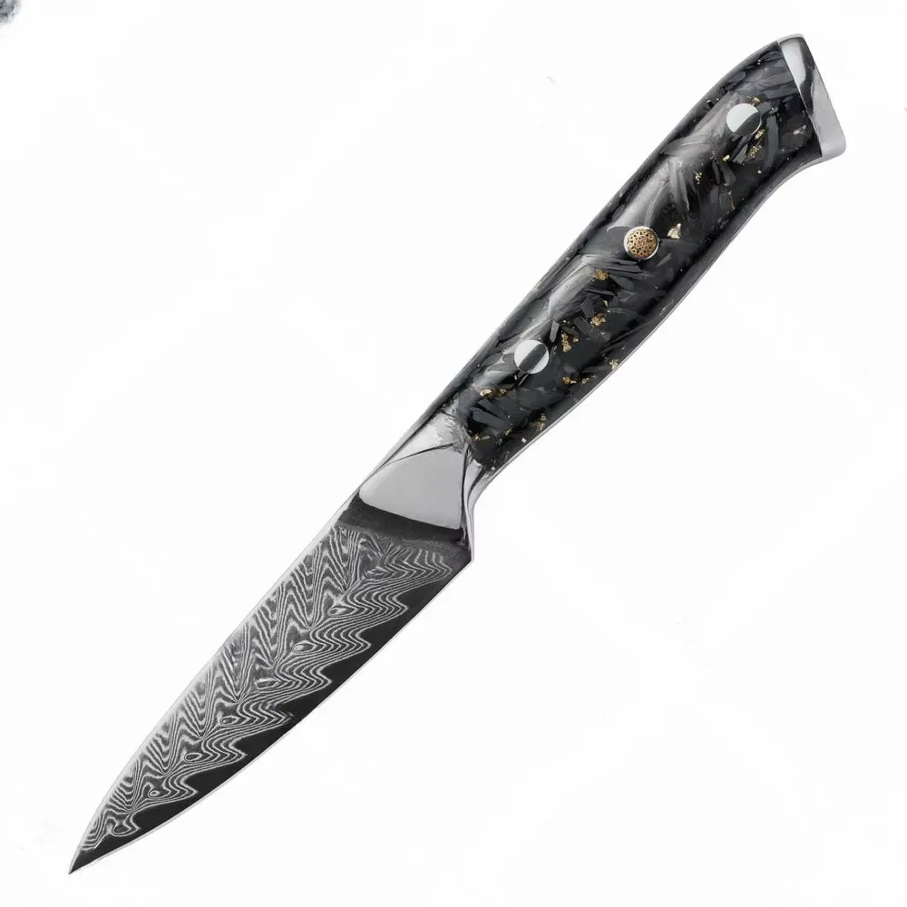 Eight-piece Damascus steel kitchen knife set showing fishbone pattern, including chef, boning, utility, and fruit knives.